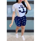 Lovely Casual O Neck Print Blue Two-piece Shorts S