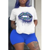 Lovely Casual Lip Print Blue Plus Size Two-piece S
