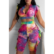 Lovely Trendy Tie-dye Red Two-piece Shorts Set