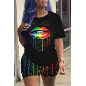 Lovely Casual Lip Print Black Two-piece Shorts Set