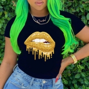 Lovely Casual Lip Print Black T-shirt