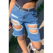 lovely Stylish Hollow-out Deep Blue Denim Shorts