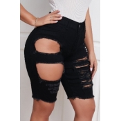 Lovely Trendy Hollow-out Black Denim Shorts