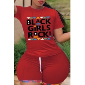 Lovely Leisure Letter Print Red Plus Size Two-piec