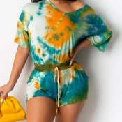 lovely Casual V Neck Tie-dye Green Two-piece Short