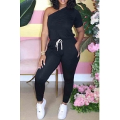 LW Casual One Shoulder Lace-up Black Two-piece Pan