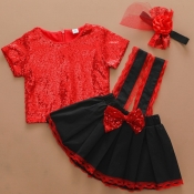 lovely Sweet Bow-Tie Patchwork Red Girl Two-piece 