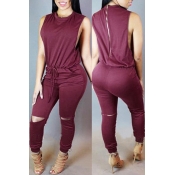 Lovely Casual Hollow-out Purplish Red One-piece Ju