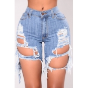 lovely Casual Hollow-out Baby Blue Denim Shorts