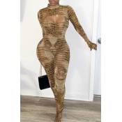 lovely Trendy Print Hollow-out Brown One-piece Jum