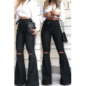 Lovely Casual High-waisted Broken Holes Black Jean