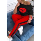 lovely Casual Lip Print Red Plus Size Two-piece Pa