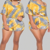 lovely Street V Neck Tie-dye Yellow Plus Size Two-