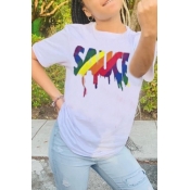 LW COTTON Leisure O Neck Letter Print White T-shir