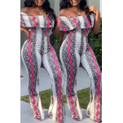 lovely Stylish Print Rose Red One-piece Jumpsuit