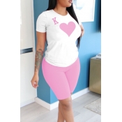 Lovely Casual O Neck Print Pink Two-piece Shorts S