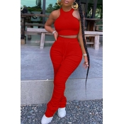 LW Stylish Fold Design Red Two-piece Pants Set