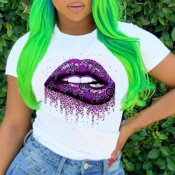lovely Casual O Neck Lip Print White T-shirt