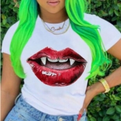 lovely Casual O Neck Lip Print Red T-shirt