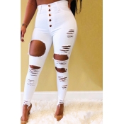 Lovely Street Buttons Design Hollow-out White Jean