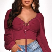 lovely Trendy Fold Design Lace-up Wine Red Blouse