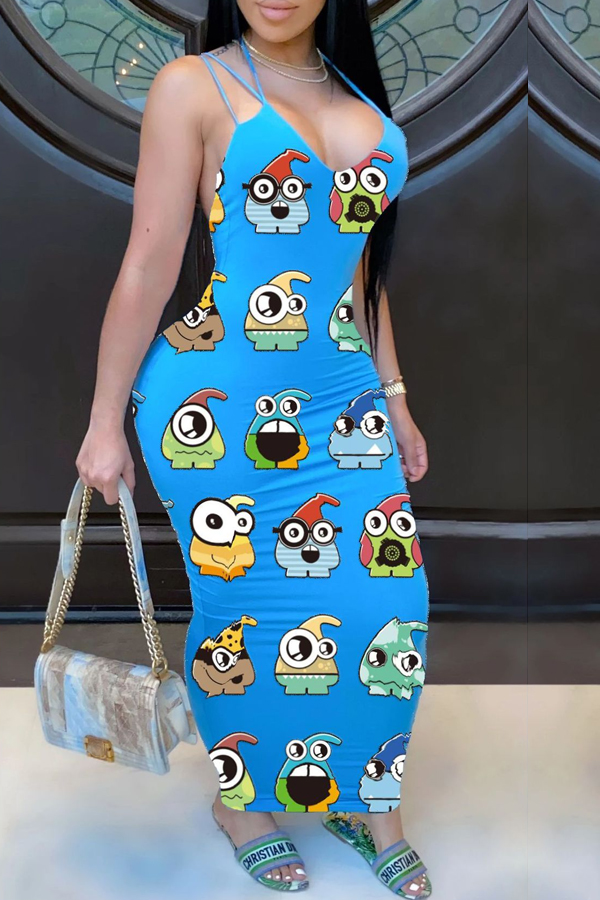 

lovely Trendy V Neck Cartoon Print Blue Ankle Length Dress