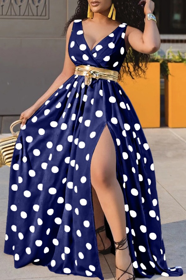 

LW Trendy Deep V Neck Dot Print Blue Maxi Dress