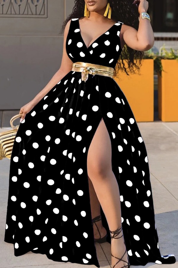 

LW Trendy Deep V Neck Dot Print Black Maxi Dress