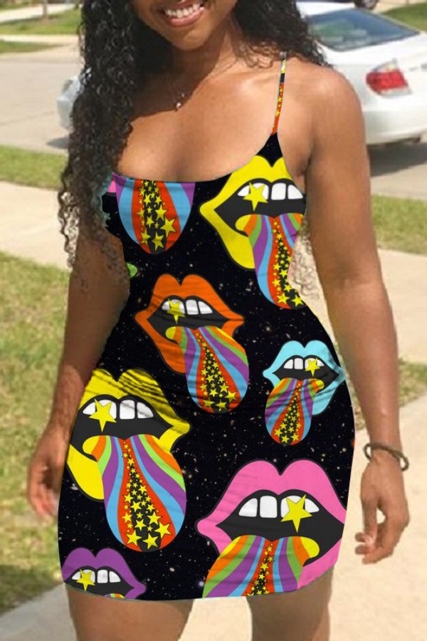 

Lovely Sexy Lip Print Black Mini Dress