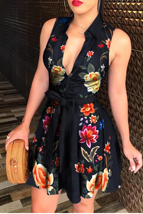 

lovely Trendy V Neck Plants Print Black Mini Dress