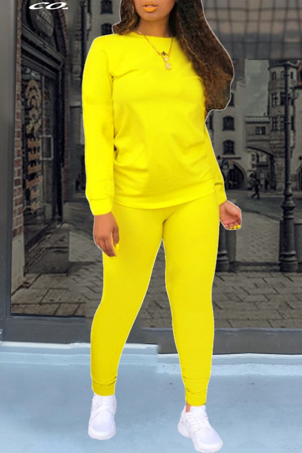 

lovely Casual O Neck Basic Yellow Two Piece Pants Set