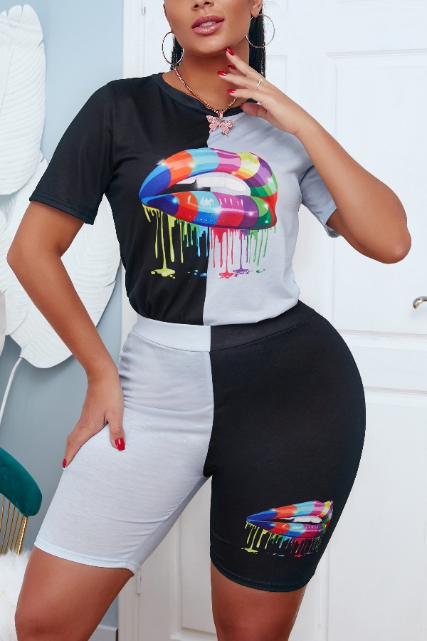 

lovely Casual Lip Print Black Two Piece Shorts Set