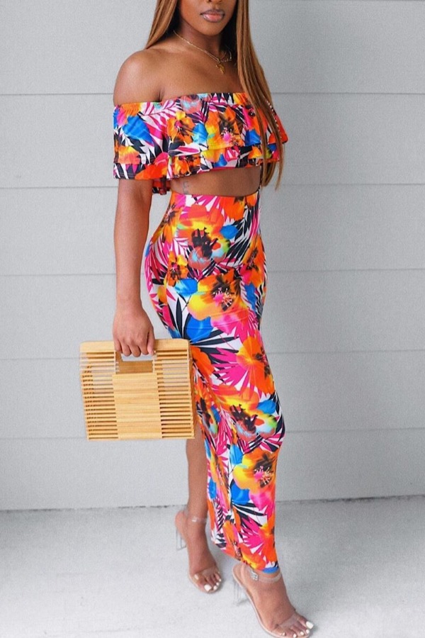 

lovely Bohemian Plants Print Multicolor Two Piece Skirt Set, Multi