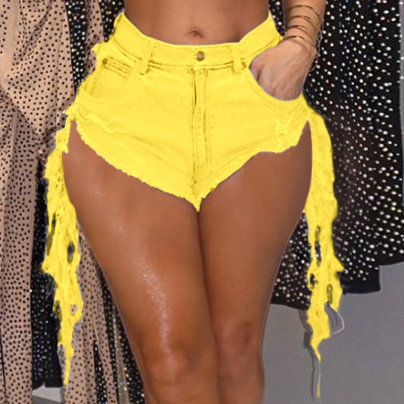 

lovely Trendy Asymmetrical Tassel Design Yellow Plus Size Denim Shorts