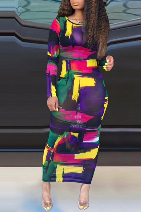 

lovely Trendy O Neck Print Multicolor Ankle Length Dress, Multi