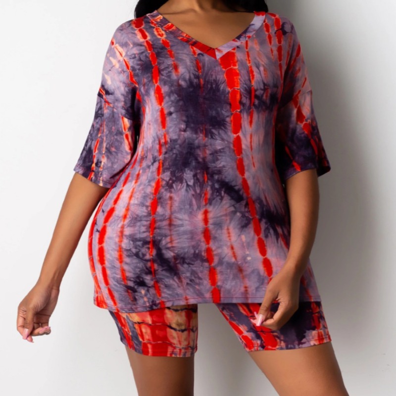 

lovely Sportswear V Neck Tie-dye Red Plus Size Two-piece Shorts Set