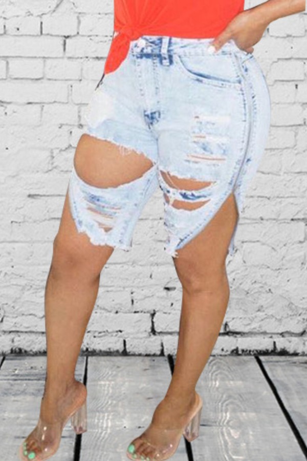 

lovely Street Hollow-out Baby Blue Denim Shorts