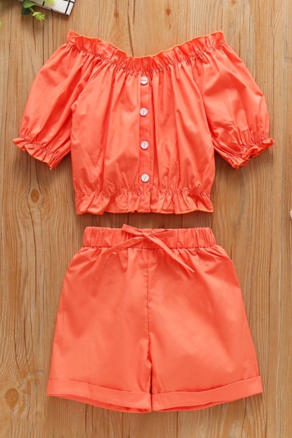 

lovely Stylish Buttons Design Orange Girl Two-piece Shorts Set