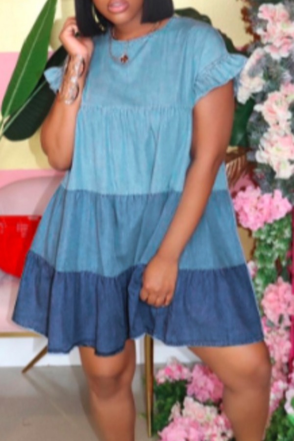 

lovely Sweet O Neck Fold Design Blue Knee Length Denim Dress