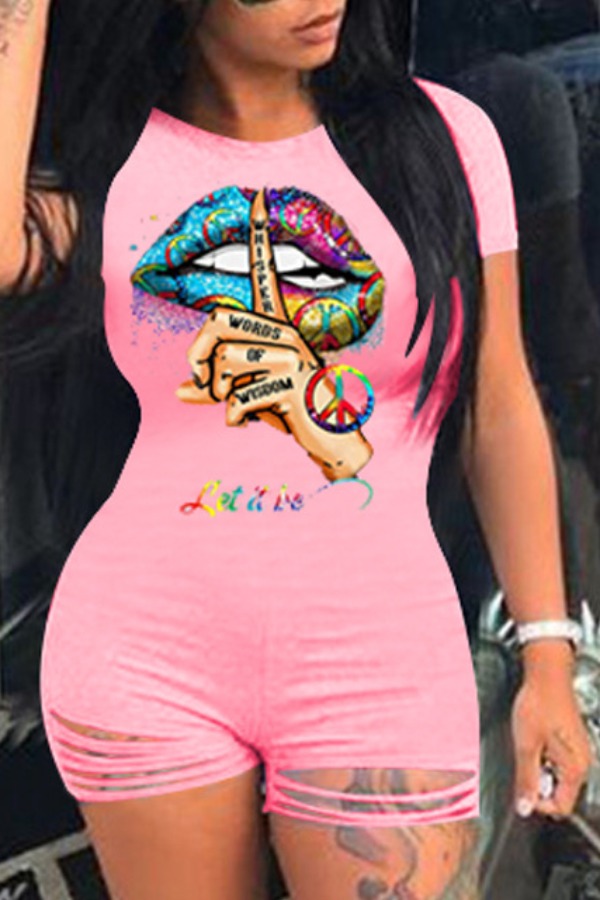 

Lovely Casual Lip Print Pink One-piece Romper