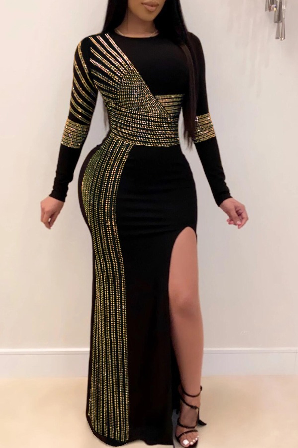 

lovely Stylish O Neck Patchwork Gold Maxi Dress
