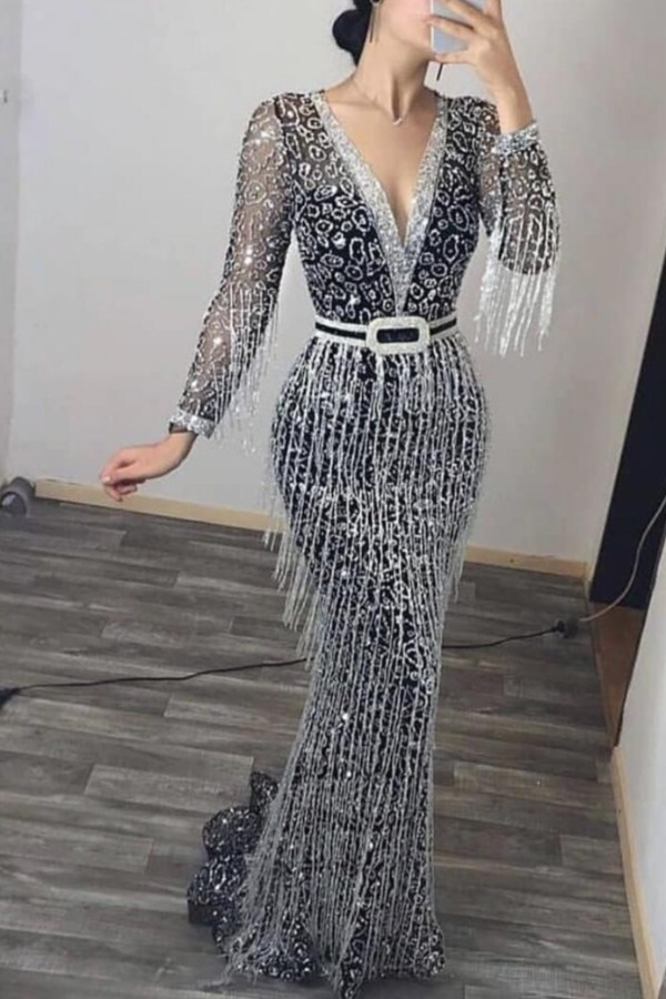 

lovely Temperament Deep V Neck Tassel Design Black Maxi Dress