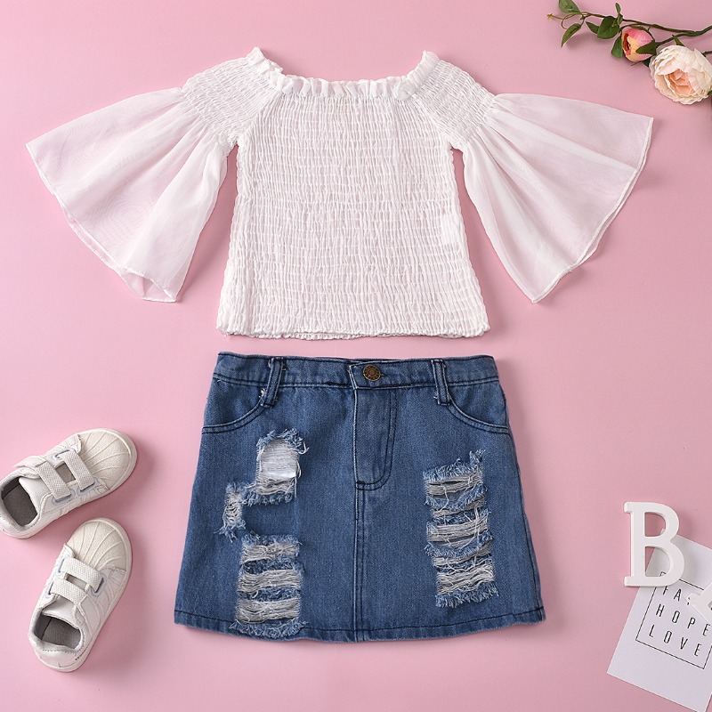 

lovely Stylish Broken Holes White Girl Two-piece Skirt Set