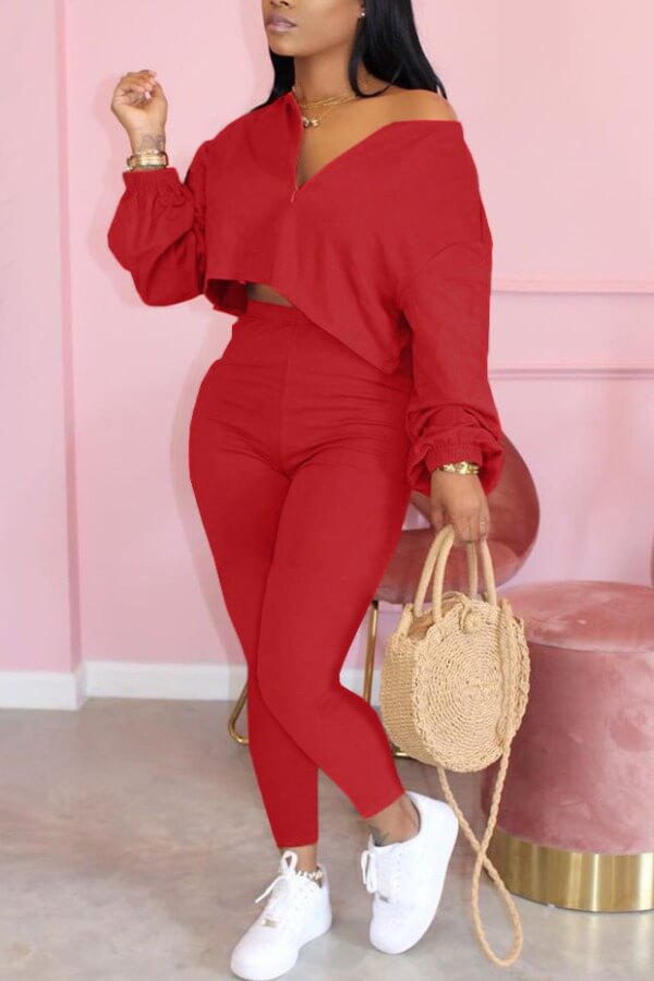

Lovely Casual Zipper Design Red Two Piece Pants Set