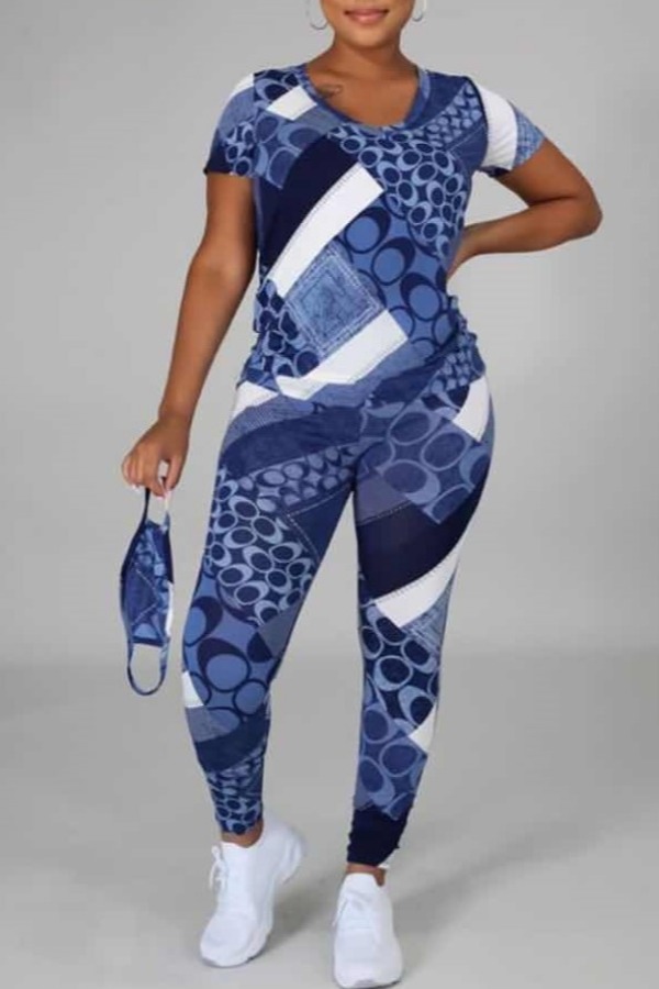 

Lovely Leisure O Neck Print Blue Two Piece Pants Set