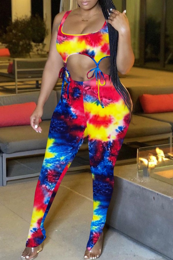 

lovely Sportswear U Neck Tie Dye Blue Two Piece Pants Set