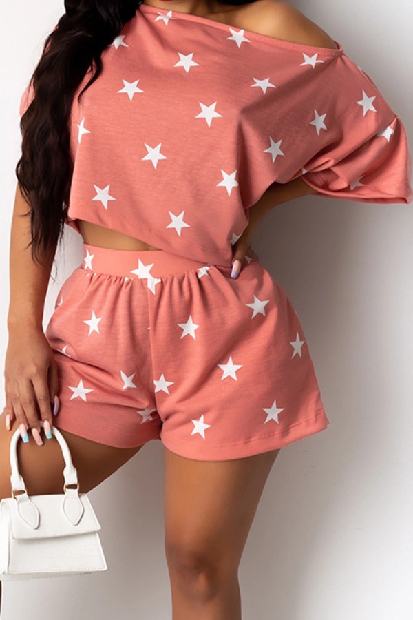 

lovely Leisure O Neck Pentagram Print Pink Two Piece Shorts Set
