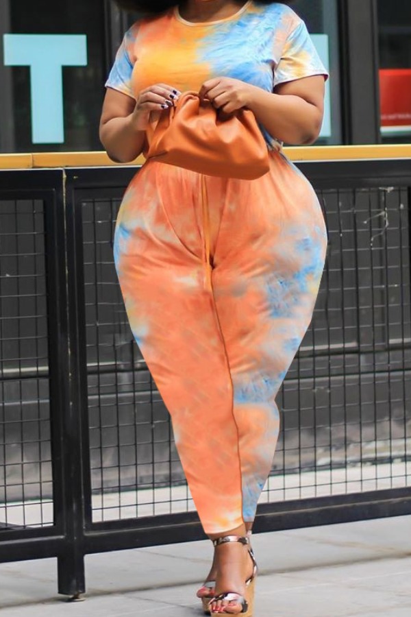 

lovely Stylish Tie-dye Orange Plus Size One-piece Jumpsuit