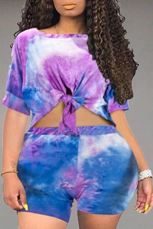 

lovely Casual O Neck Tie-dye Purple Plus Size Two-piece Shorts Set