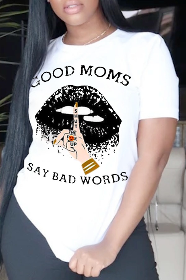 

Lovely Casual O Neck Lip Print White T-shirt